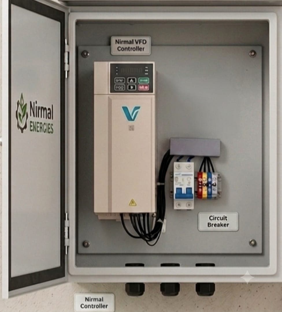 Nirmal Energies VFD control panel, open for inspection